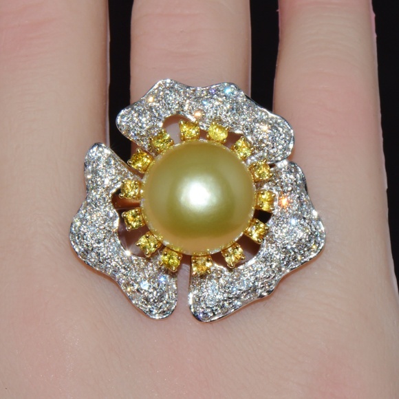 CERTIFIED NATURAL 26CTS VS F DIAMOND 15MM SOUTH SEA PEARL SAPPHIRE 18K GOLD RING - Picture 2 of 14